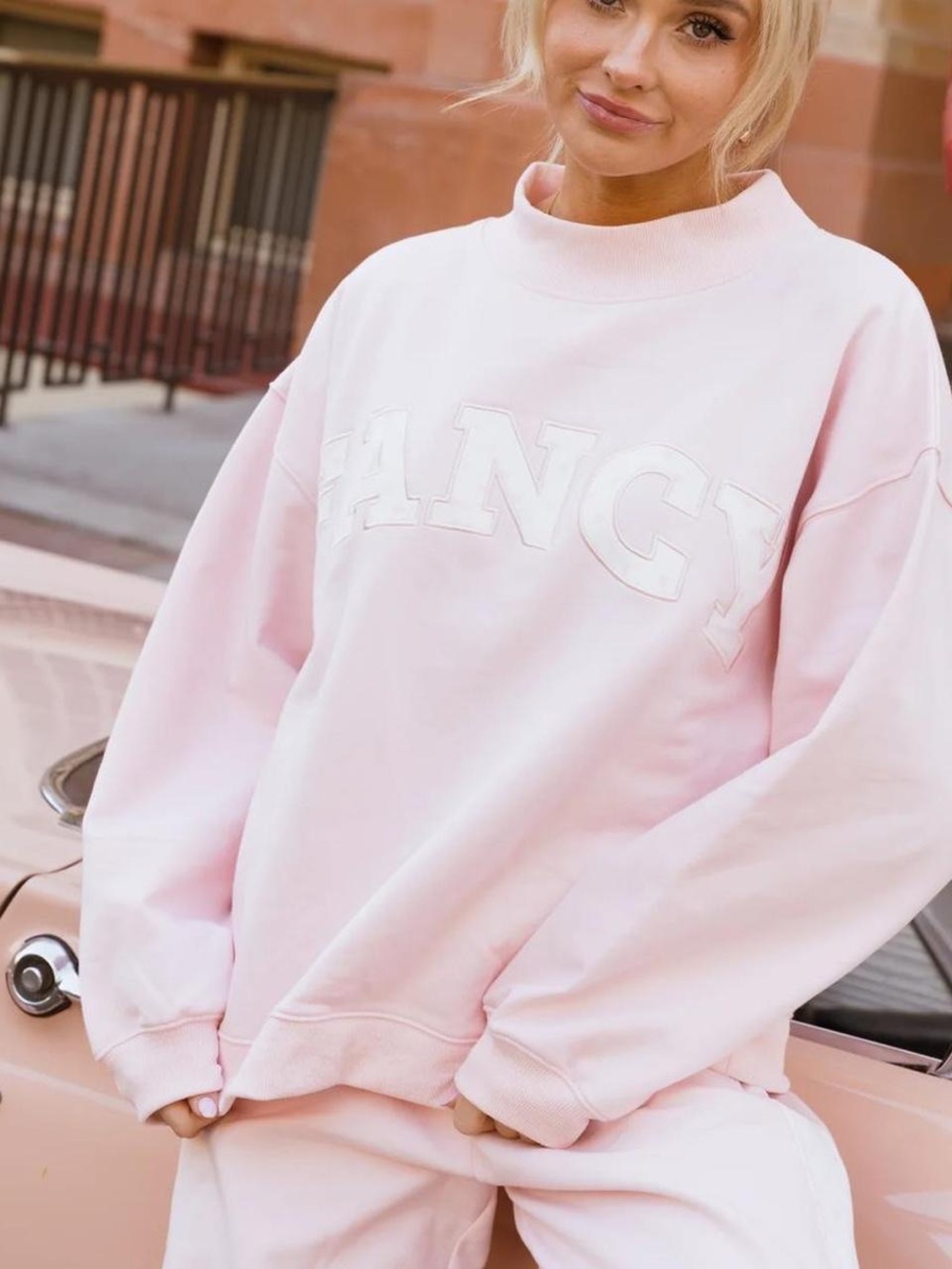 Women's Shop Fancy Pink Valentines Mockneck Pullover - Cozy Crewneck